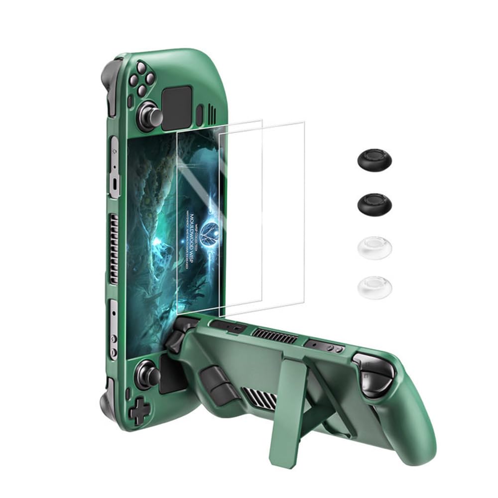 bibuks ﻿Steam Deck Case,Steam Deck OLED Protective Case,Non-Slip Skin Protective Shell Accessories with Kickstand ,2 Screen Protector, 4 Thumb Grip (Green)