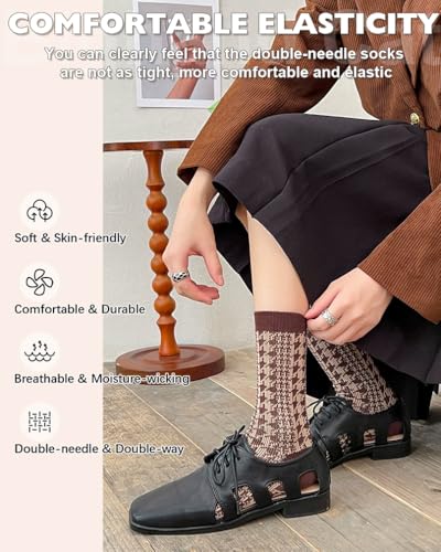 Image of IIG 3-5 Pairs Womens Vintage Cozy Crew Socks Soft Cute Neutral Cotton Socks Exquisite Patterns Socks Gift