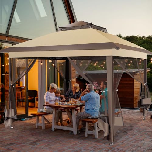 Image of COBIZI Pop Up Gazebo 12x12 Canopy Tent, Outdoor Screened Gazebo Shelter with Mosquito Net,Carpas para Patio, Shade for Lawn, Garden, Backyard and Deck, Brown(Upgraded 2.0)