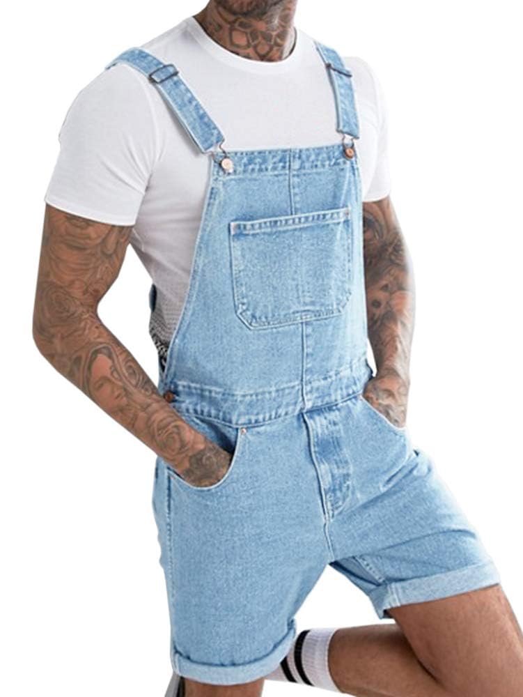 Runcati Herren Latzhose Baumwolle Jeans Overall Kurze Arbeitshose Loose Fit Männer Denim Jumpsuit mit Taschen