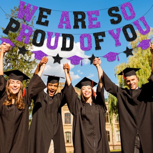 Image of Graduation Decorations 2026 - Purple Congrats Grad Party Supplies Include Glitter We are So Proud of You Banner, Hanging Swirls and Honeycomb Centerpieces for Photo Toppers