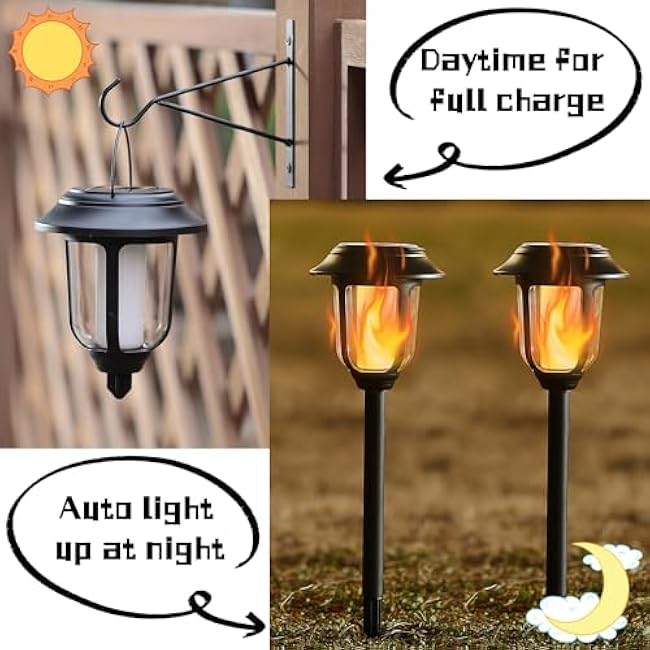 Dynaming Dual Use Solar Flame Lights Outdoor 6 Pack, Solar Flickering Flame Pathway Lights, Hanging Lantern Light, Auto On/Off & Waterproof for Garden Lawn Patio Yard Walkway Deck Driveway