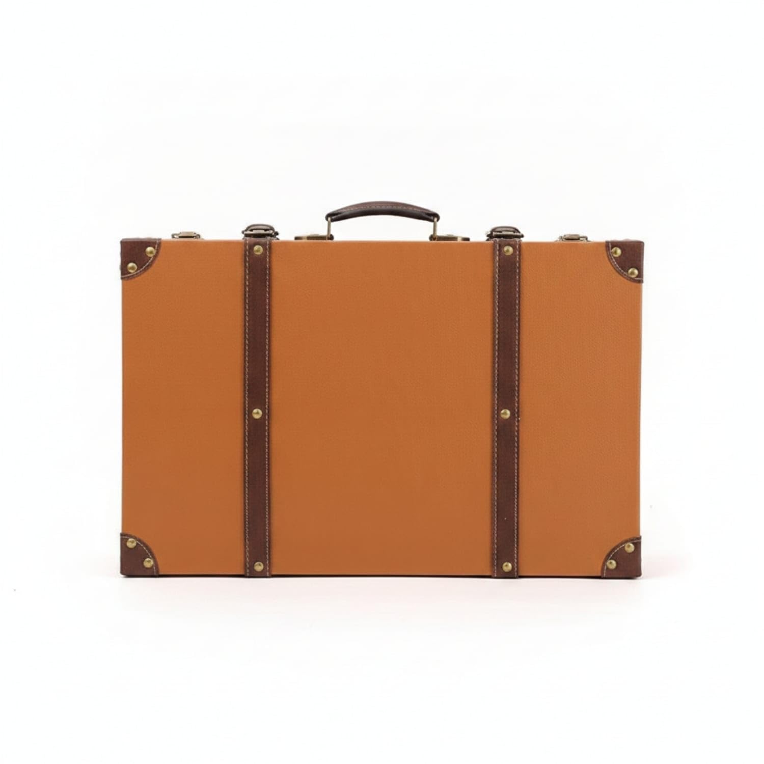 Leather-Like Finish Vintage Trunk-Shaped Storage Box Metal Rivets Suitcase-Style Storage Box Stitched Straps Keepsake Chest Carrying Handle for Photography Prop, Light Brown Style C|Trunks-picture-23