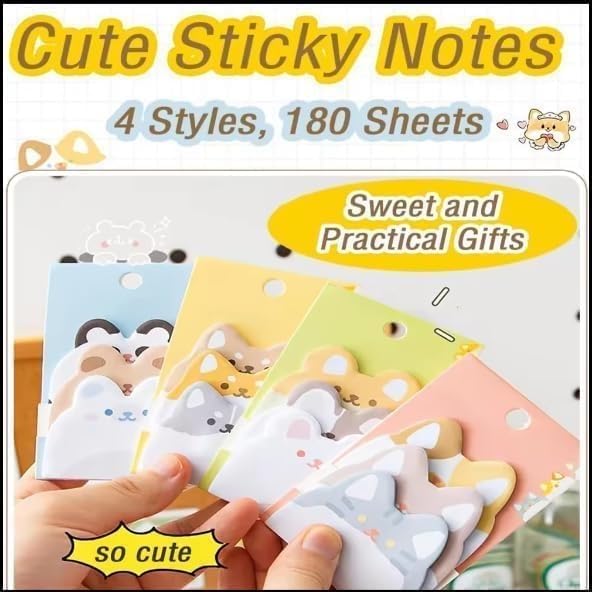KmCho Zoo Character Sticky Note Pads - Self-Stick Notes for Study, School & Office Use - Colourful Memo Pads for Students & Kids 180 Sheets - Multicolour (Set of 4) 4