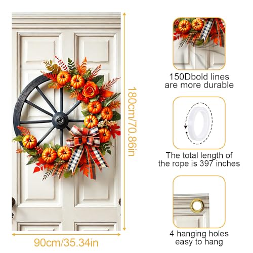 Image of Fall Wagon Wheel Door Cover 35x71in Pumpkin Plaid Bow
