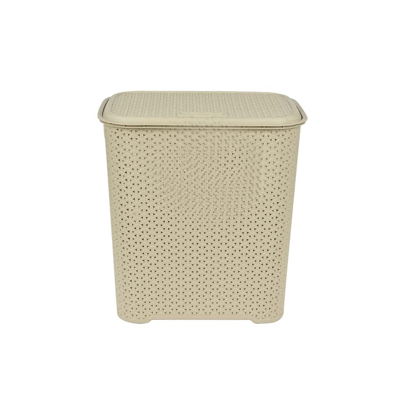 45 Litre Plastic Rattan Style Laundry Hamper Storage Linen Clothes Washing Basket Laundry Basket With Lid and Carry Out Handles Storage Bins For Dirty Clothes Toys Bathroom Bedroom (Beige)