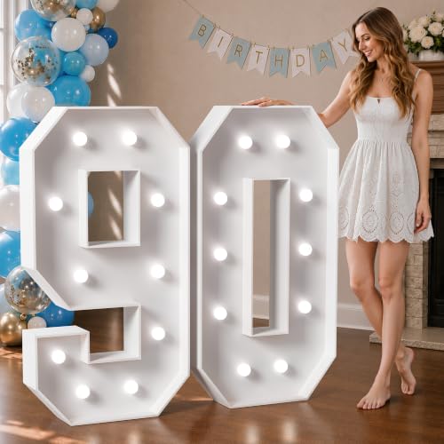 Image of Marquee Numbers 4 Feet Tall Big Light Up Numbers 90th Birthday Decorations Women Men White Anniversary Party Decor Large Cardboard Prop Backdrop Sign 90 | Cool White Light, Large 90th Anniversary Party Decor, Big Stable Sign, Assembly Required, Foam Board 41 Pcs Accessory Set