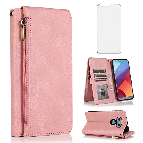 Compatible with LG G6 Wallet Case Tempered Glass Screen Protector and Zipper Leather Flip Cover Card Holder Stand Cell Accessories for LGG6 ThinQ LG6 Thin Q G 6 Plus G6+ 6G VS988 H872 Women Rose Gold