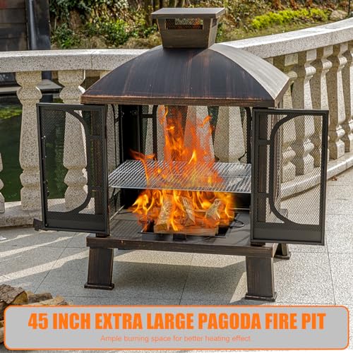 45" H×31''W Metal Chiminea Fire Pit with Grill, Wood Burning Fire Pits for Outside,Square Chimineas Fireplace with Mesh Spark Screen Door& Fire Poker for Garden,Yard,BBQ,Bonfire (Black&Gold)