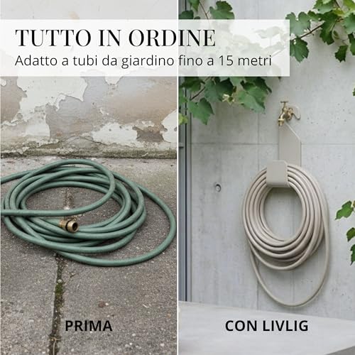 Miniatura 4 de Livlig Gancho Soporte Manguera Jardin Sin Taladrar - Portamangueras Pared Metal Para 10m Manguera Riego 20m Manguera Flexible - Fabricado En Italia - Greige