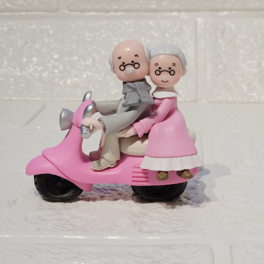 Image of Vintage Decorative Miniature Couple on Scooter Figurine, PVC Garden Ornament, Romantic Home Decor Collection Piece