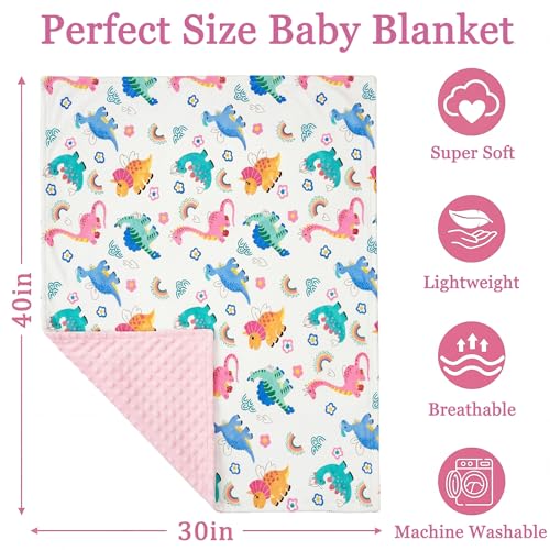 Image of Soft Plush Baby Blankets for Girls with Print Dinosaur Pattern and Soothing Raised Dots, Double Layer Bed Throws for Baby Infant Toddler Nursery Crib,30x40 Inches (Pink)