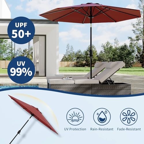 10Ft Patio Umbrella - 8 Sturdy Ribs Outdoor Table Umbrella with Crank Lift & Push Button Tilt - Market Umbrella for Pool, Deck, Yard, Garden - Red