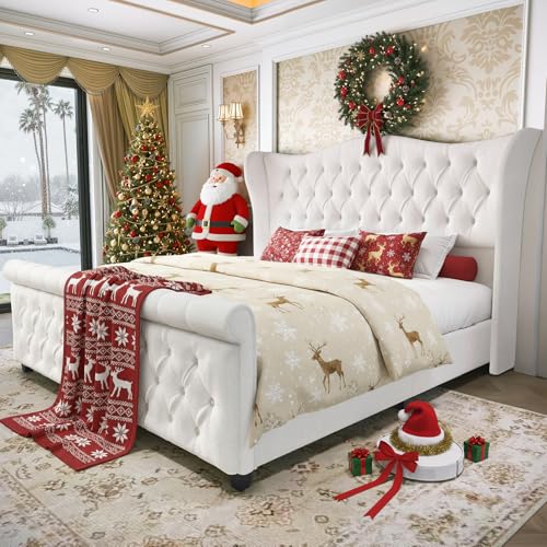 koorlian Queen Size Bed Frame,Upholstered Platform Chenille Sleigh Bed,51