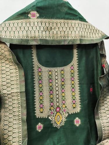 Image of Chanderi Suit Vol 5 | Pure Chanderi Banarasi Silk (3m) | Soft Cotton Bottom (2.5m) | Woven Chanderi Banarasi Silk Dupatta (2.3m) with Tassels, Unstitched Material, Fits up to 60 inch, Length 48