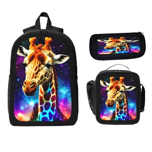 3PCS Backpack for Women Men With Lunch Box Pencil Bag 17 Inch Lightweight Adjustable Strap Back Pack 3 In 1 Set Colorful Giraffe Animal Casual Daypack Unisex Fit Travel Work Camping