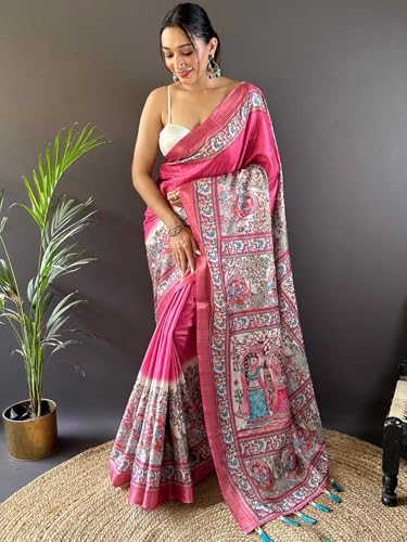 Image of Panzora Women's Tussar Silk Madhubani Printed Saree With Unstitched Blouse Piece
