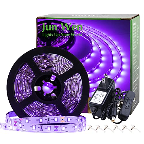 JUNWEN Blacklight Strip Lights 16.4FT 300LEDs LED Strip Black Lights, Purple Tape Lights, 12V Flexible Blacklight Fixtures for Stage, Fluorescent Glow Party, Bar, Indoor Dance,Gallery