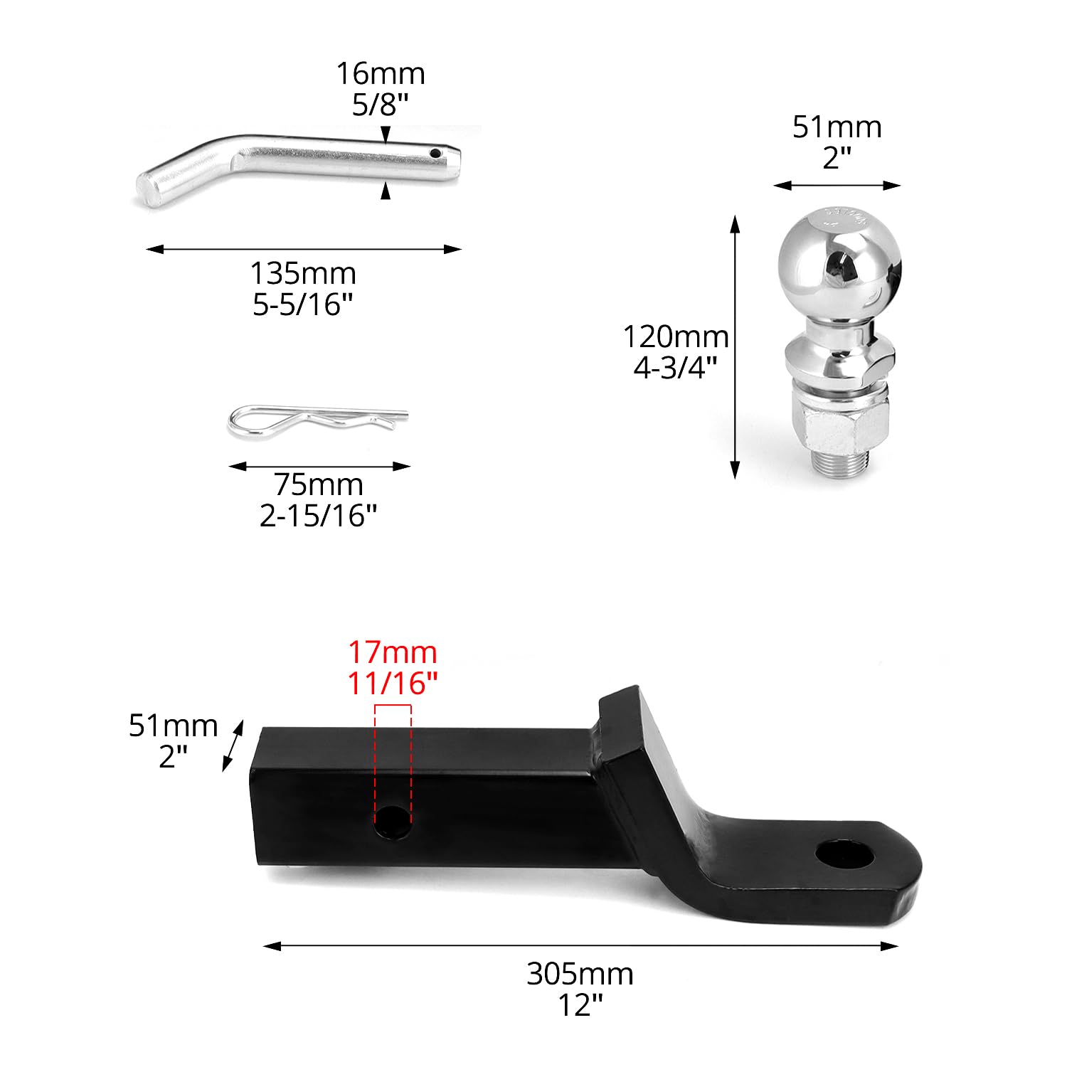 QWORK® Adaptador de Enganche de Remolque rebajado 50 mm para vehículos estadounidenses - Montaje de Bola de 50 mm - Pasador de 16 mm - Capacidad de Carga de 2800 kg