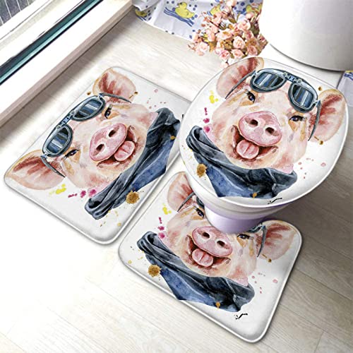 Badezimmerteppich-Set, 3-teilig, süßes Schweinchen mit Aquarell-Grafiken, waschbare Badteppiche, rutschfest, mit Rückenpolster, Konturteppich und Toilettendeckelbezug