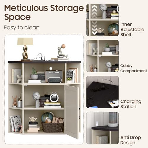 Image of Halitaa Corner Storage Cabinet, Farmhouse Corner Bookshelf with Storage 6-Cubby Wooden Cabinet with USB Ports and Outlets Industrial Organizer for Small Space, Study, Playroom, Living Room