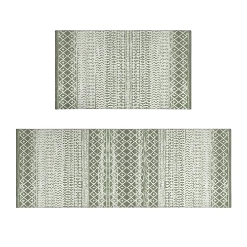 Viyeneyo Boho Moroccan Kitchen Rug and Sets 2 Piece Non Skid Washable mat for Kitchen mats for Floor Farmhouse Black Bohemian Kitchen Decor (Green, one Size)