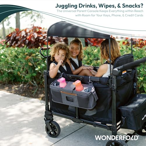 Image of WONDERFOLD Universal Parent Console Stroller Organizer with Insulated Cup Holders, Hook & Loop Closure Handle Attachment, 2 Storage Pockets, Removable Shoulder Strap for Easy Transport