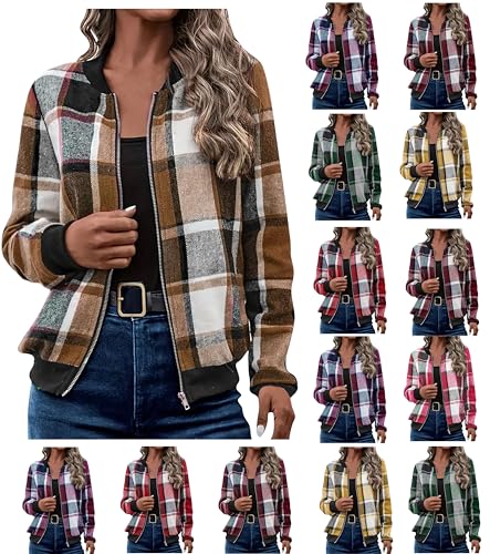 Shackets for Women 2025 Fashion Zip Up Long Sleeve Buffalo Plaid Shirt Cropped Jackets Loose Casual Fall Coat Tops