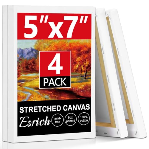 ESRICH Small Canvases for Painting 5x7 4 Pack Stretched Canvases for Painting 5/8 Profile Primed Acid Free Painting Canvas for Kids for Oil Paint Watercolor Acrylic Paint Gouache Tempera.
