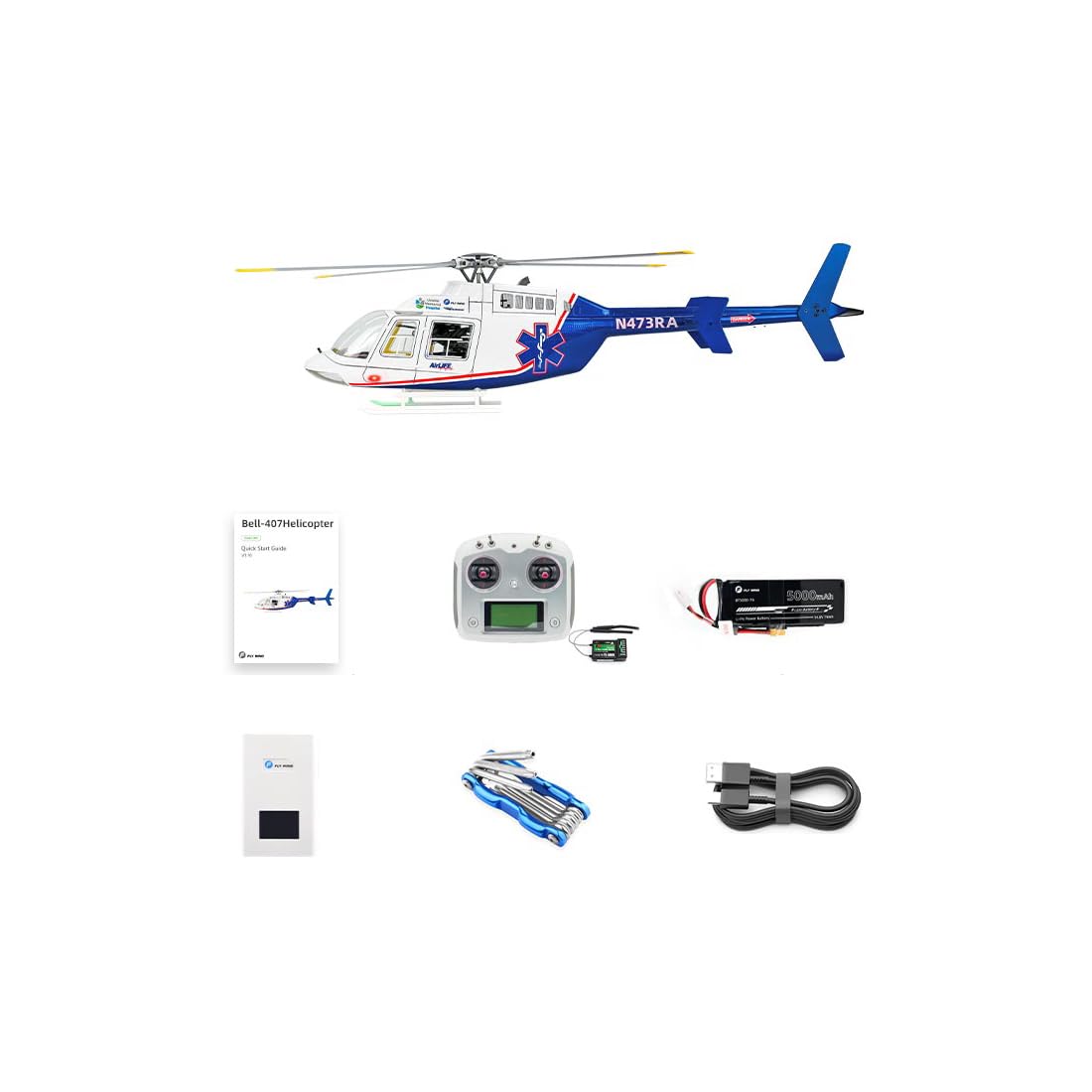 FLYWING BELL-407 - Modellino di elicottero radiocomandato, classe 470, 2,4 GHz | Controllo di volo a sei canali "Military ACE" con quattro rotori, GPS e rotori a cambio rapido, versione RTF