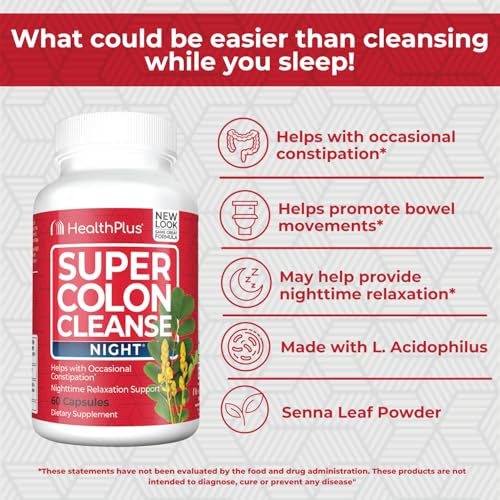 Health Plus Super Colon Cleanse Night Formula Digestive Support | Constipation Relief to Reduce Bloating with Probiotics and Valerian Root for Sleep | More than 1 Cleanse, 60 Capsules - Image 4