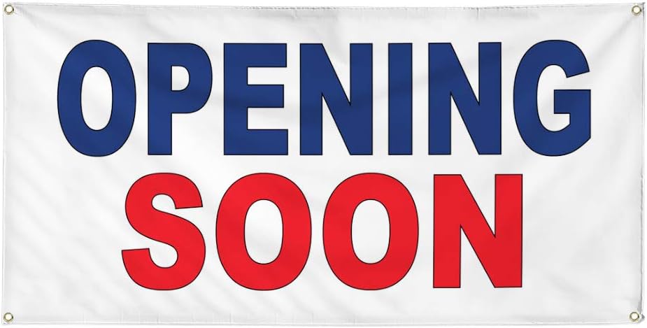 Vinyl Banner Multiple Sizes Opening Soon Blue Red B Business Outdoor Weatherproof Industrial Yard Signs 4 Grommets 12x30Inches