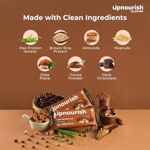 Image of Upnourish by Pluckk Plant Protein Bar - Pack of 12 (50g Each) | 15g Protien , 2g Fiber | No Added Sugar & Preservatives | Protein Bar without sugar | Lactose & Gluten Free | Gut Friendly | Cafe Mocha Flavoured - 300g