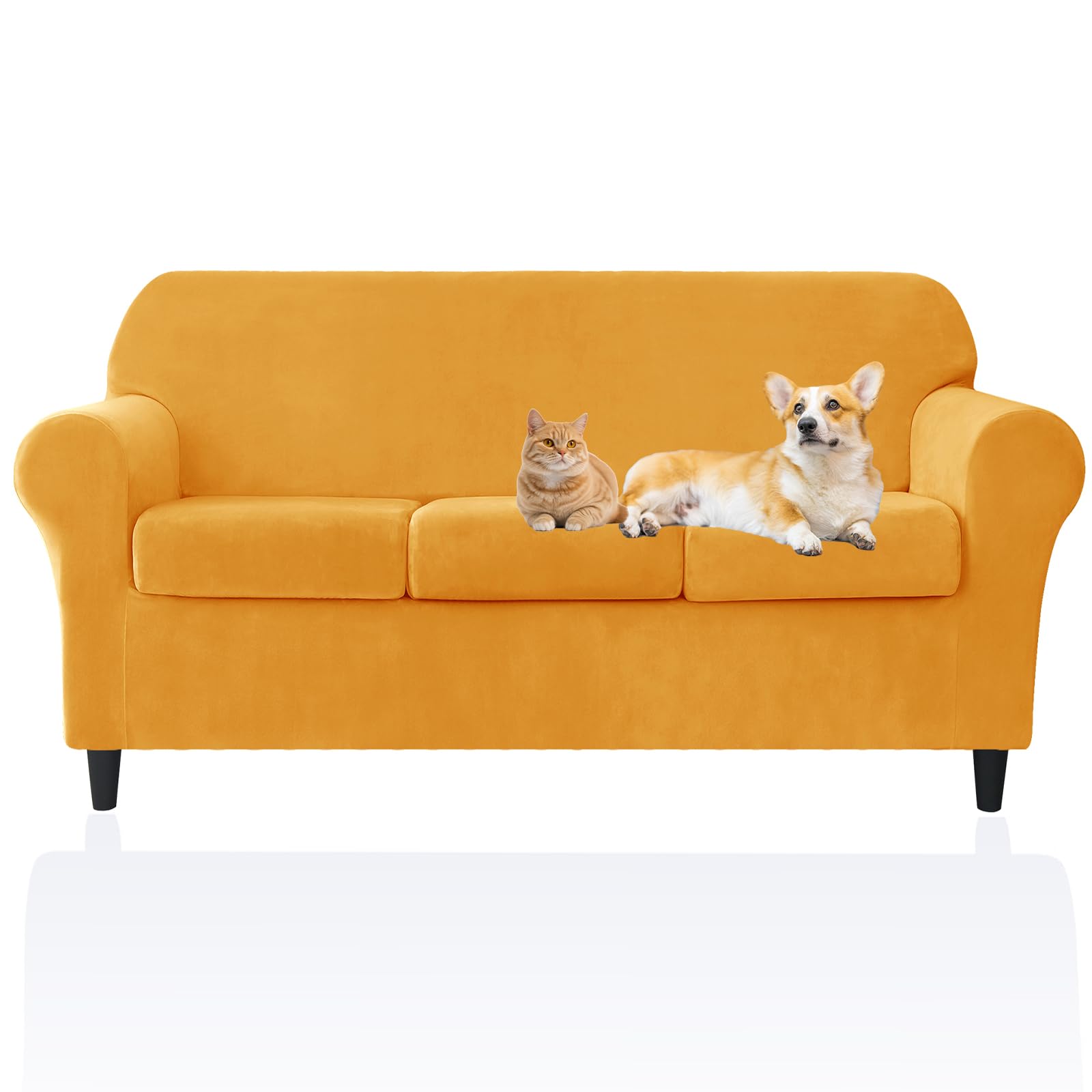 Deisy Dee Velvet Couch Covers - Stretch Soft Sofa Slipcovers for 3 Cushion Couch - Pet Friendly and Durable Fabric for Dogs and Pets - Elegant Protection for Your Living Room Furniture (Yellow)