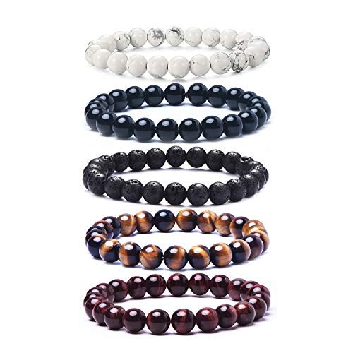 Tigerstar Natural Lava Rock Beads Bracelet ,Stretch Elastic Bracelets,Adjustable Braided Rope Gemstone Bracelets for Men Women (5Pcs Set-001)