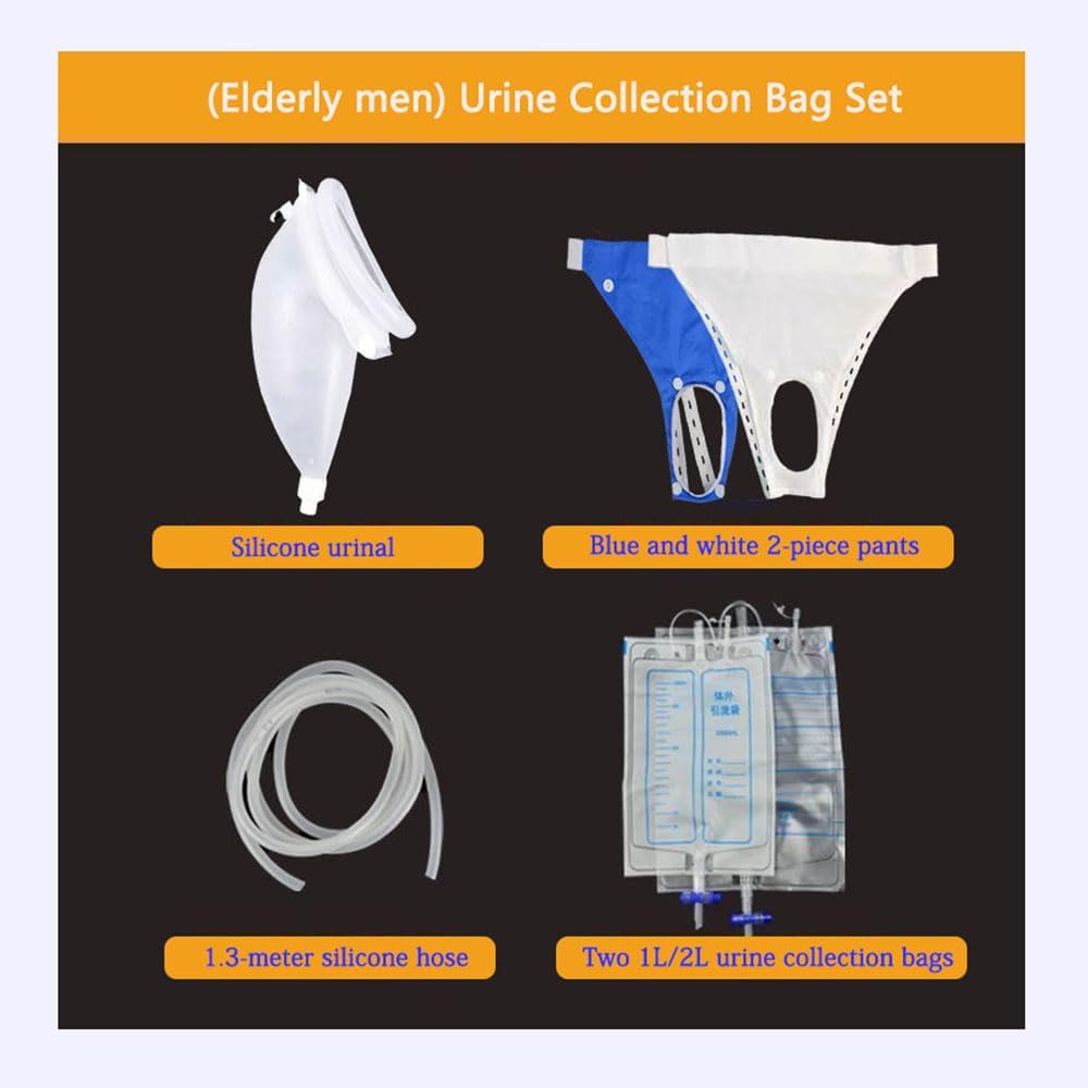 Condom Catheter Urine Collection Bag Reusable Wearable Silicone Urine Drainage Device with 2 Catheter Bag Systems 2 Piece Pants Set (Elderly Men Blue+White)