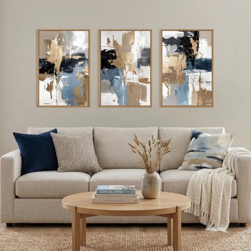 Image of KAIRNE Blue and Gold Abstract Framed Canvas Wall Art Set,Minimalist Brush Strokes Wall Decor,Modern Textured Art Prints,Neutral Brown Black Artwork for Living Room,Bedroom,Farmhouse,Office-16 x24 x3