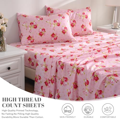 Bedlifes Twin Sheet Set Ultra Soft, Breathable, Silky Flower Deep Pocket 100% Microfiber Bedding, 3 Piece Twin Size Pink Floral(Red Rose)