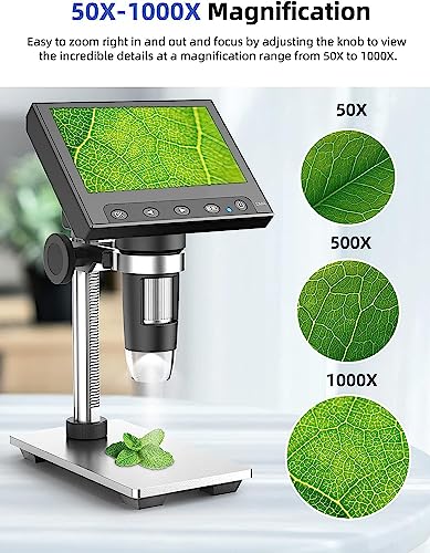 Image of Etzin DM4 Digital Microscope 50-1000X, 4.3'' LCD Microscope with Metal Stand for Kids|Adults|Students Coin /PCB /Plants Observe, Supports Windows-EPL-1015IM.