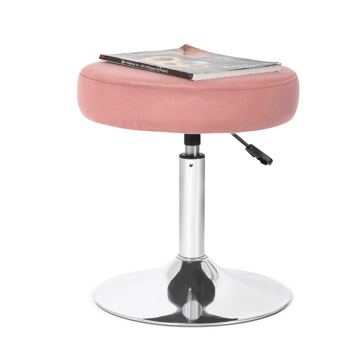 Adjustable Velvet Round Ottoman, 360° Swivel Freely Vanity Stool Makeup Stool Vanity Chair, Pink