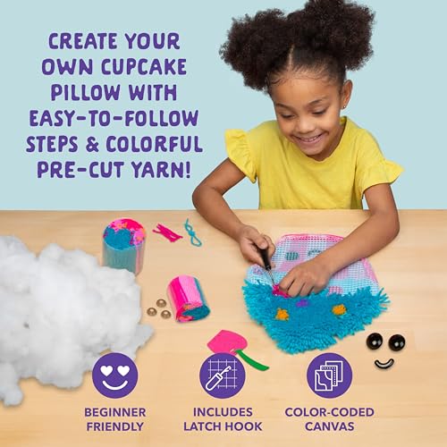 Image of LatchKits Cupcake Pillow - Latch Hook Kits for Kids, Arts and Crafts, Yarn Art, Kids Crafts, Toys for Girls, Birthday Gift for Girls, Easy to Follow Pattern, Hook Included, Craft Kits, Ages 6+