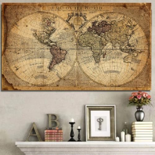 Carte du monde rétro sur toile de qualité supérieure pour grand espace