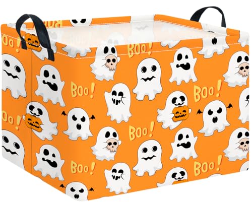 CLOCOR Rectangular Storage Basket Empty, Gift Basket for Halloween, Waterproof Storage Bin with Handles, Room Decor(Boo Ghosts)