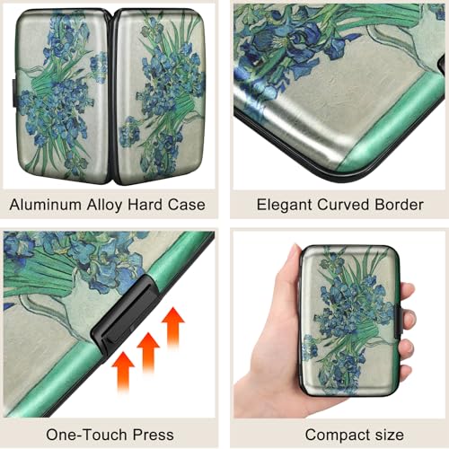 Image of ELFISH Mini RFID Aluminum Wallet Credit Cards Holder Business Card Case Metal ID Case for Men Women, Iris Flower 2#, 4.33 x 2.95 x 0.75 inches, Compact