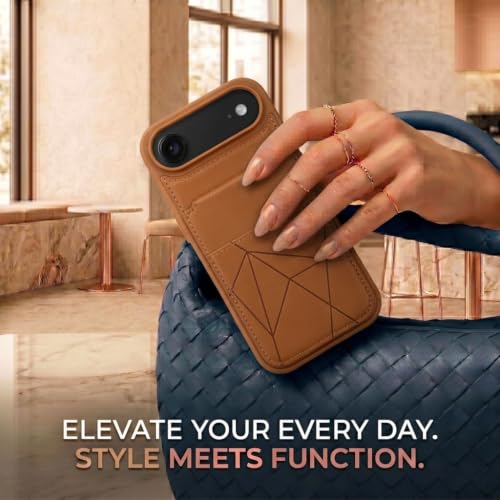 Image of amazon basics Premium Vegan Leather Back Cover with Card Holder and Integrated Mobile Stand for iPhone 17 Air - Slim Shockproof Wallet Case with Geometric Stitching [Tan]