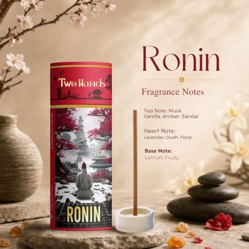Image of Twohands Premium Bambooless Dhoop Sticks Combo Pack with Santorini, Ronin & Sun Temple fragrances. Charcoal-Free, Low-Smoke Sticks with Ceramic Stand for Pooja, Meditation, and Home Aroma