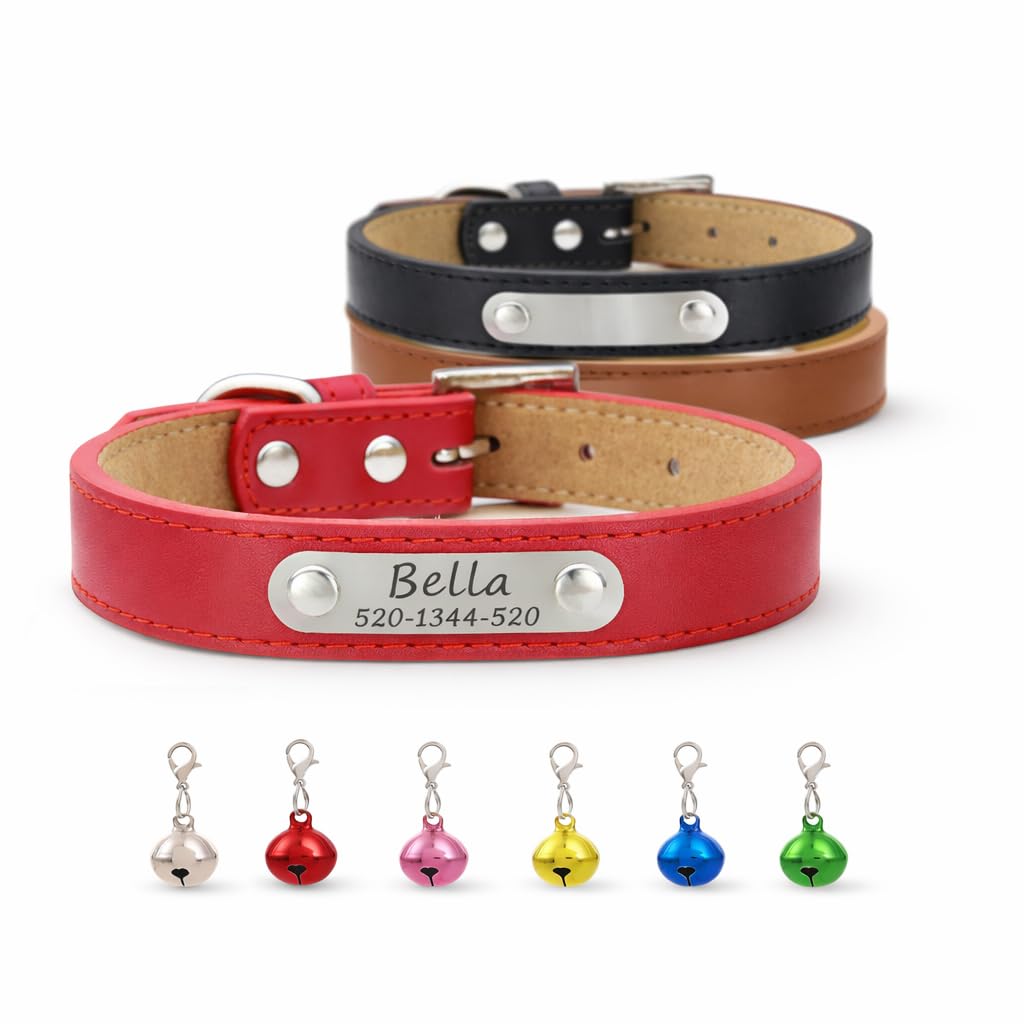 Personalized Leather Dog Collar, Deeply Engraved Leather Pet Collar for Small Medium Large X-Large Dogs and Cats Custom Dog Collar