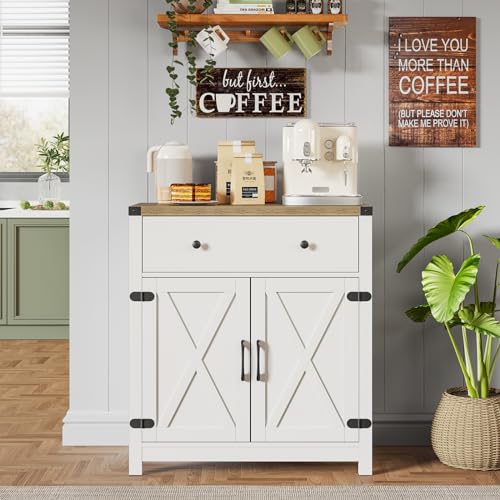 Gabinete de barra de café, aparador de buffet con almacenamiento, armario de cocina con puerta de bar, armario de almacenamiento de granja con cajón y estante ajustable, color blanco