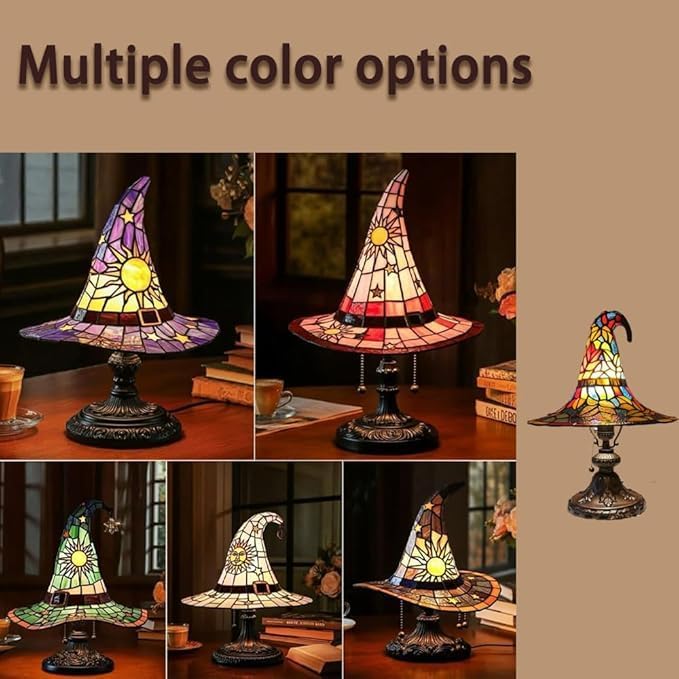 Witch Hat Lamps, Witch Hat Tiffany Lamp Stained Glass, Handmade Gothic Wizard Shape Lights for Halloween Decoration with Mystical Charm (Green)