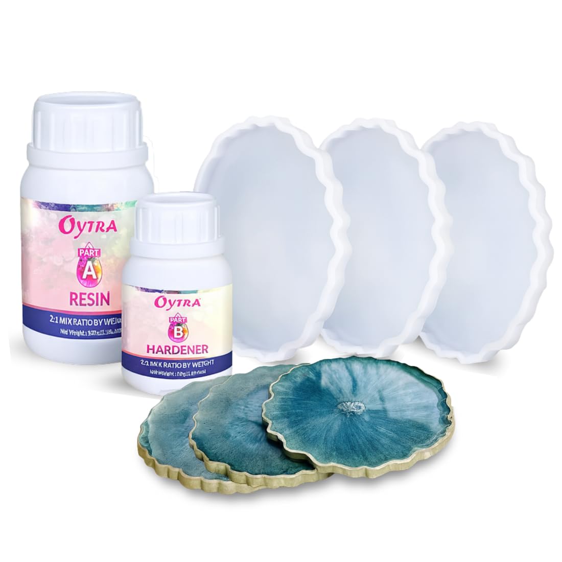 Oytra Resin Art Kit with 150gm Epoxy Resin & Set of 3 Agate Silicone Mould Combo Pack - DIY Craft Coaster Set Essentials Casting Art Tools for Beginners
